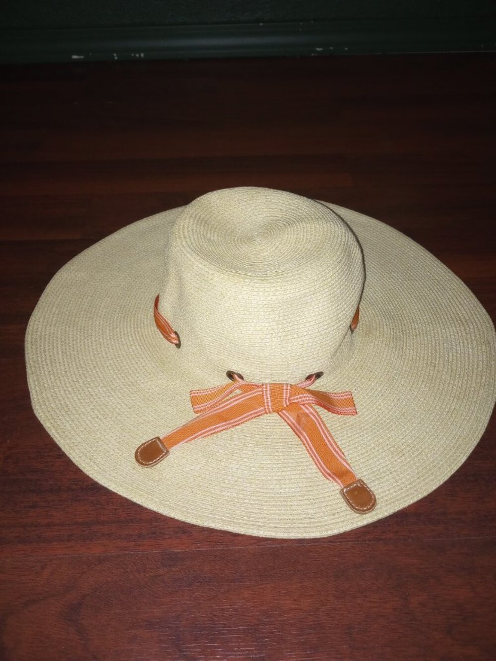 J Crew Ultra Wide 18" Straw Beach Hat Orange Bow Trim 22" Circumference